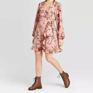 Exhilaration, Floral Print, Long Sleeved Mini Dress with Ruffled Hem and Wrap